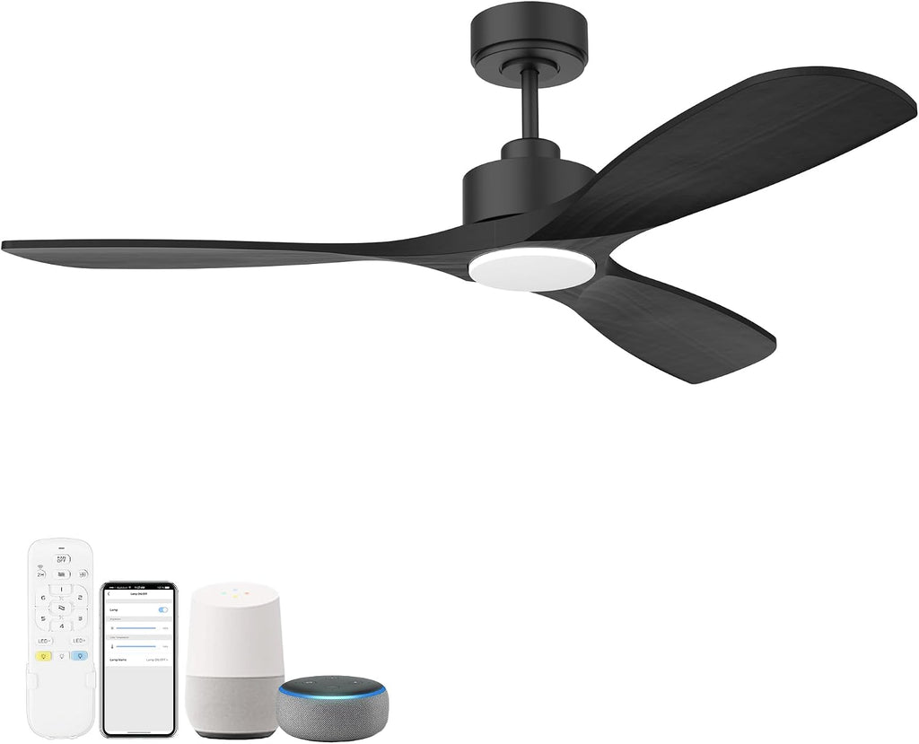 Hoenofly 52' Wood Smart Ceiling Fans with Lights Remote,Quiet DC Motor,Outdoor Indoor Ceiling Fan,Voice Control via WIFI Alexa App,Dimmable,Modern Black Ceiling Fan for Bedroom Patio Porch