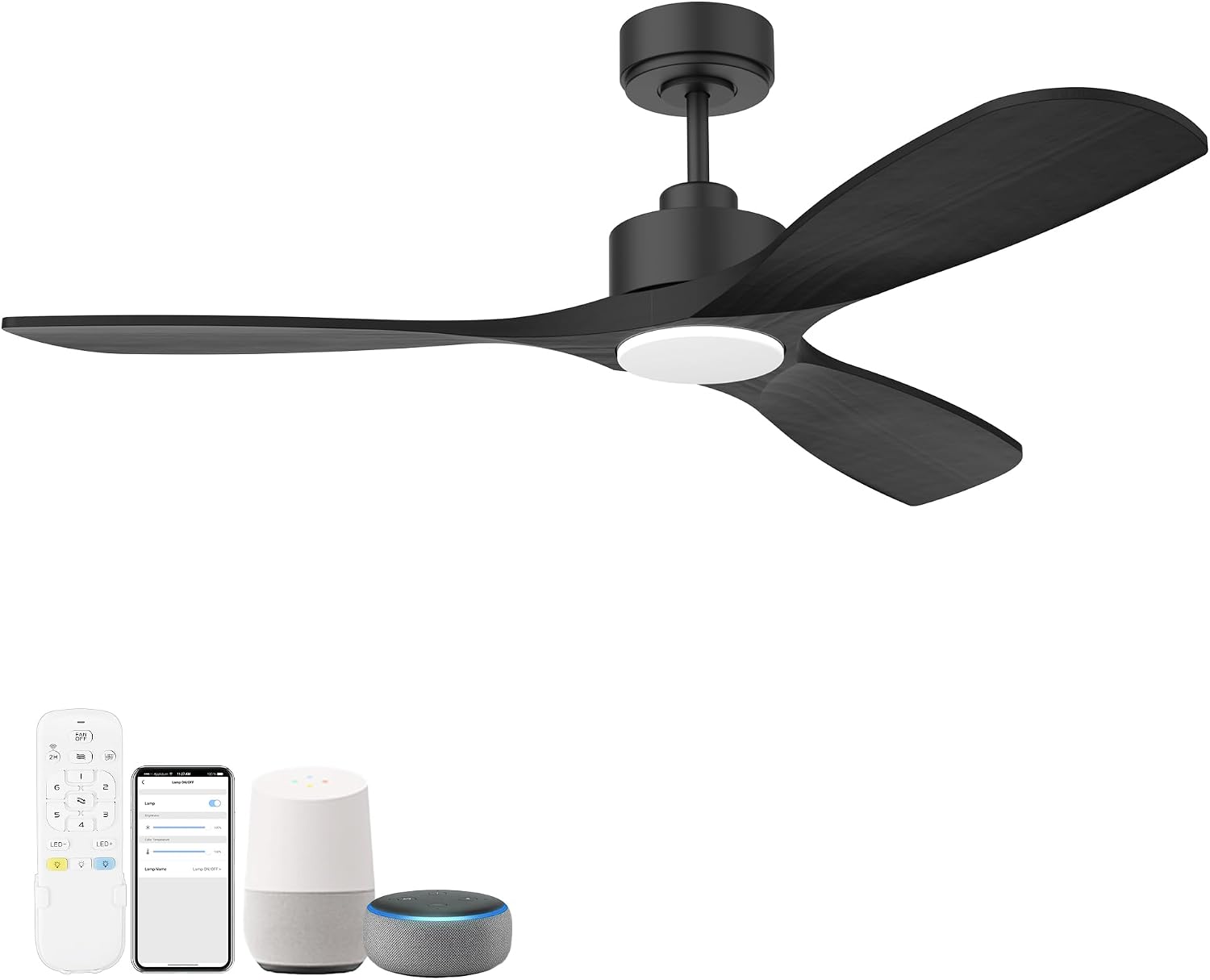 Hoenofly 52' Wood Smart Ceiling Fans with Lights Remote,Quiet DC Motor,Outdoor Indoor Ceiling Fan,Voice Control via WIFI Alexa App,Dimmable,Modern Black Ceiling Fan for Bedroom Patio Porch