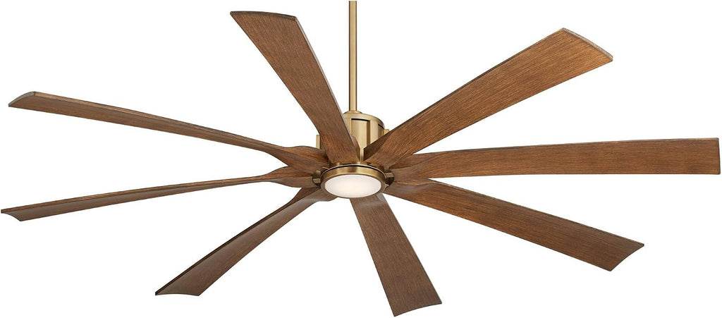 Possini Euro Design 70' Defender Large Modern Indoor Outdoor Ceiling Fan 8 Blade LED Light Remote Control Soft Brass Finish Motor Brown Koa Finish Blades Bedroom Patio Living Room Damp Rated