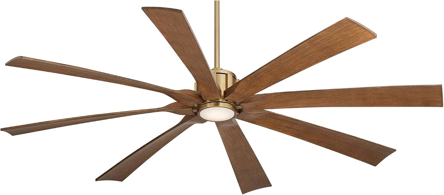Possini Euro Design 70' Defender Large Modern Indoor Outdoor Ceiling Fan 8 Blade LED Light Remote Control Soft Brass Finish Motor Brown Koa Finish Blades Bedroom Patio Living Room Damp Rated