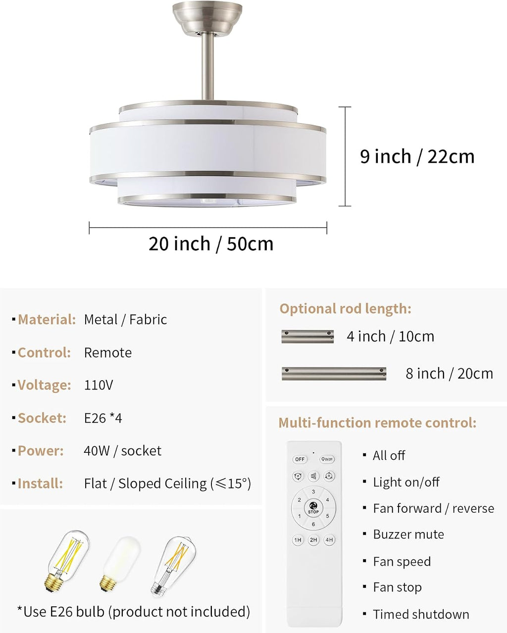 20' Caged Ceiling Fans with Lights and Remote, Fandelier Ceiling Fan with Light, Modern Bladeless Quiet Reversible Motor 6 Speeds for Bedroom, Nursery, Living Room, Silver