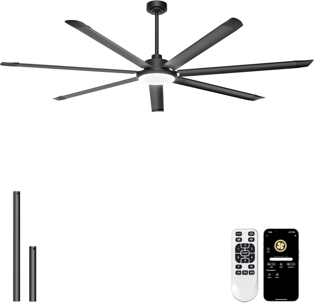 Ohniyou 84'' Large Ceiling Fan with Lights, High CFM Industrial Ceiling Fan Remote/APP Control, 7 Aluminum Blades, 3CCT, for Warehouse, Shop, Gym, Black