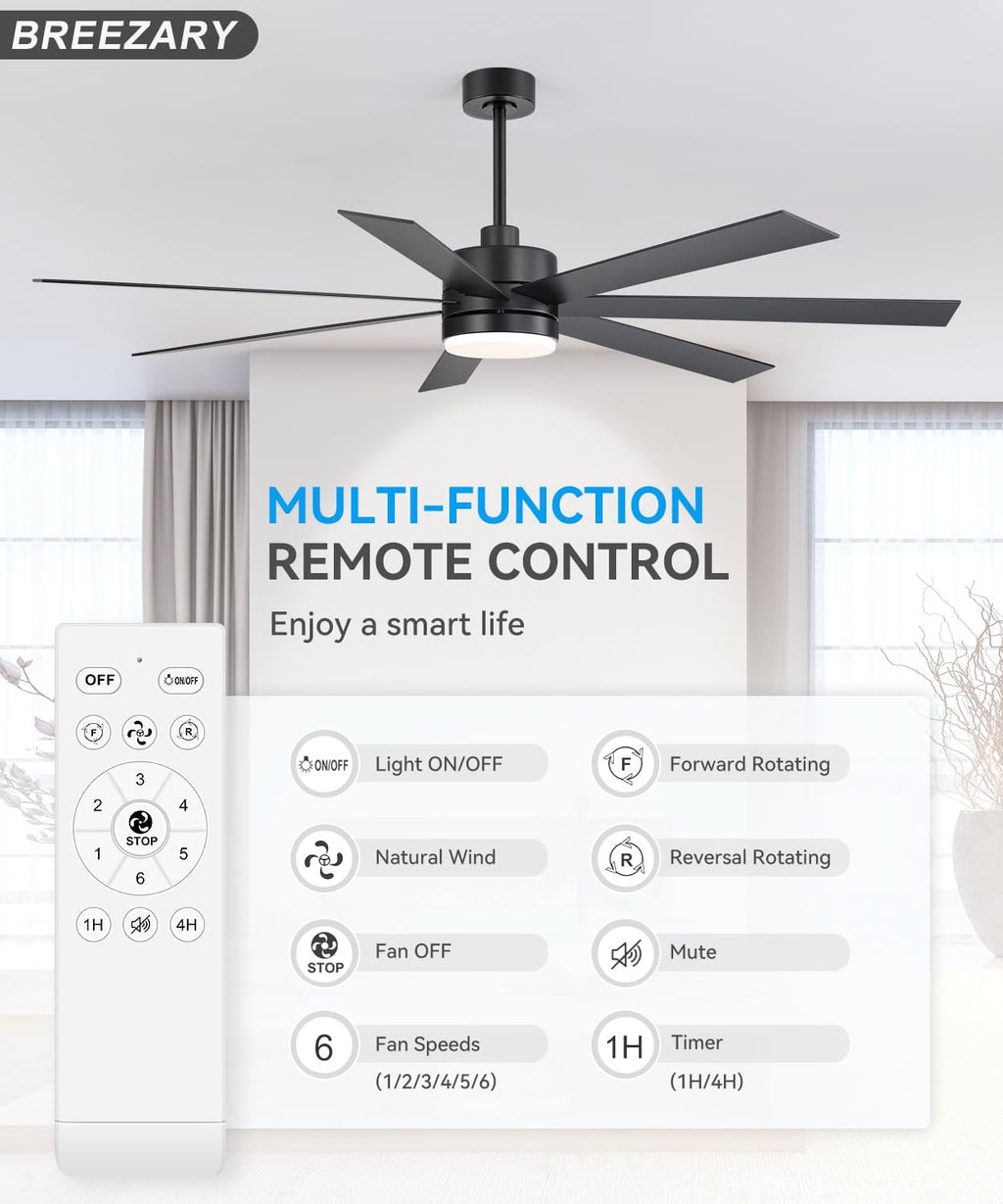 72 inch Large Ceiling Fans with Lights and Remote, 6-Speed Reversible DC Motor, 3 CCT, Dual Finish 7 Blades, Indoor/Outdoor Farmhouse Black Ceiling Fan for Kitchen Living Room Patio