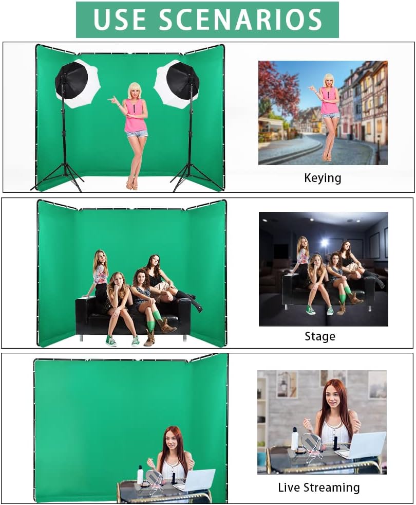 7.87ft x 13.12ft Portable Large Chromakey Green Screen Backdrop with Stand Photography Background Support System for Photo Studio Video Shooting, Live Streaming, Parties, Keying, Stage