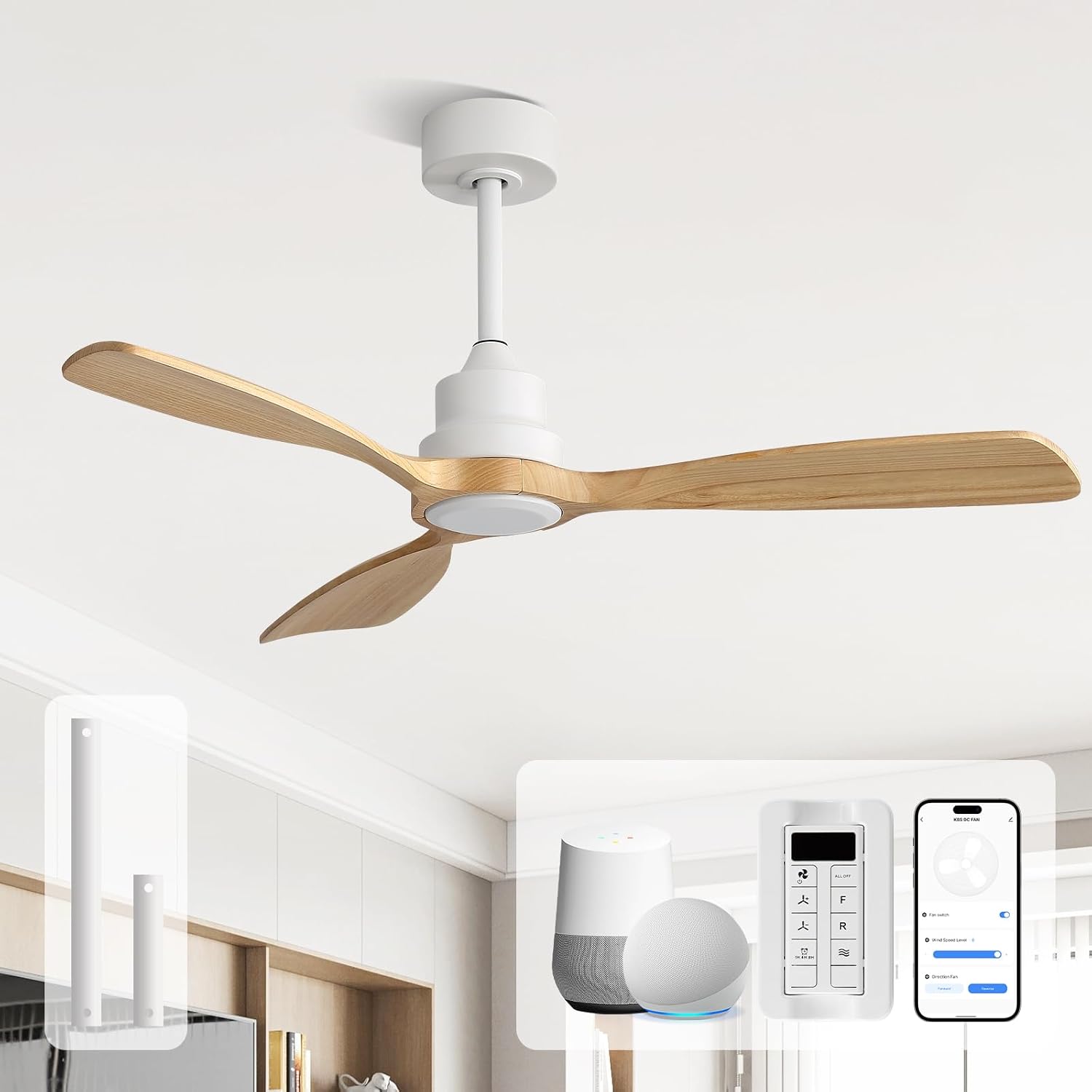 Sofucor 48 Inch Smart Ceiling Fan No Light-Outdoor Smart Ceiling Fan with Alexa/Google/APP/Remote Control,Wood Blades Ceiling Fan Without Light,Modern Ceiling Fan for Indoor Bedroom/Living Room/Patios