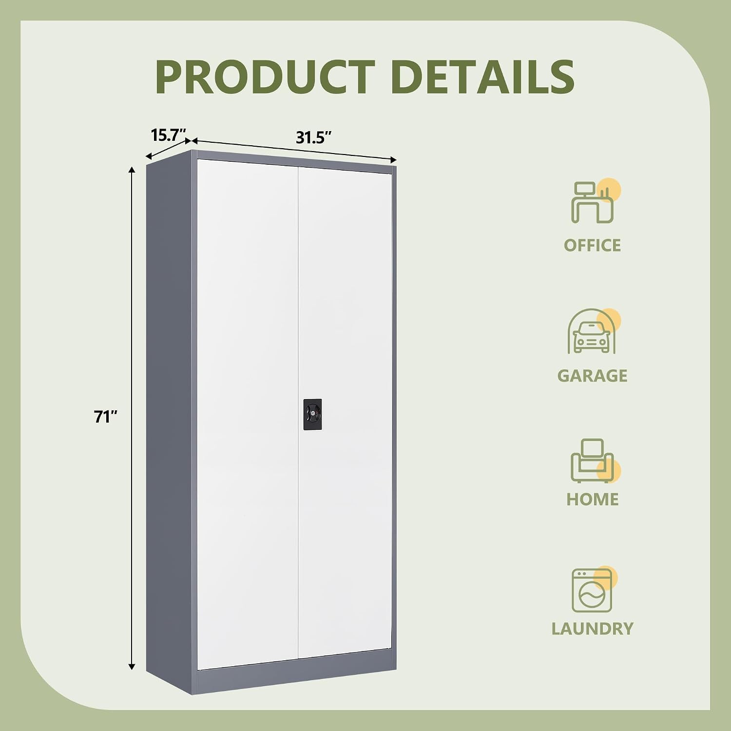 RAVIGIN Metal Garage Storage Cabinet with Lock, 71' Locking Tool Cabinet with 2 Doors and 5 Adjustable Shelves, Tall Steel Cabinet Garage for Home,Office,Warehouse，School (Grey White)