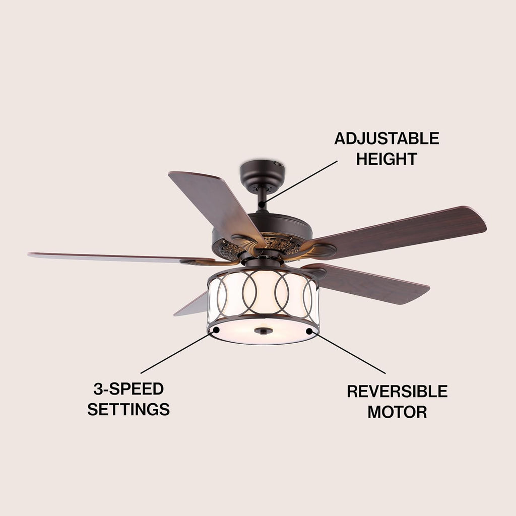 JONATHAN Y 52' Oil Rubbed Bronze/White Modern Glam LED Ceiling Fan with Remote, 3-Light Indoor Fan with 5 Reversible Blades, White Fabric Drum Shade for Living Room, Bedroom, ETL Listed (JYL9607B)