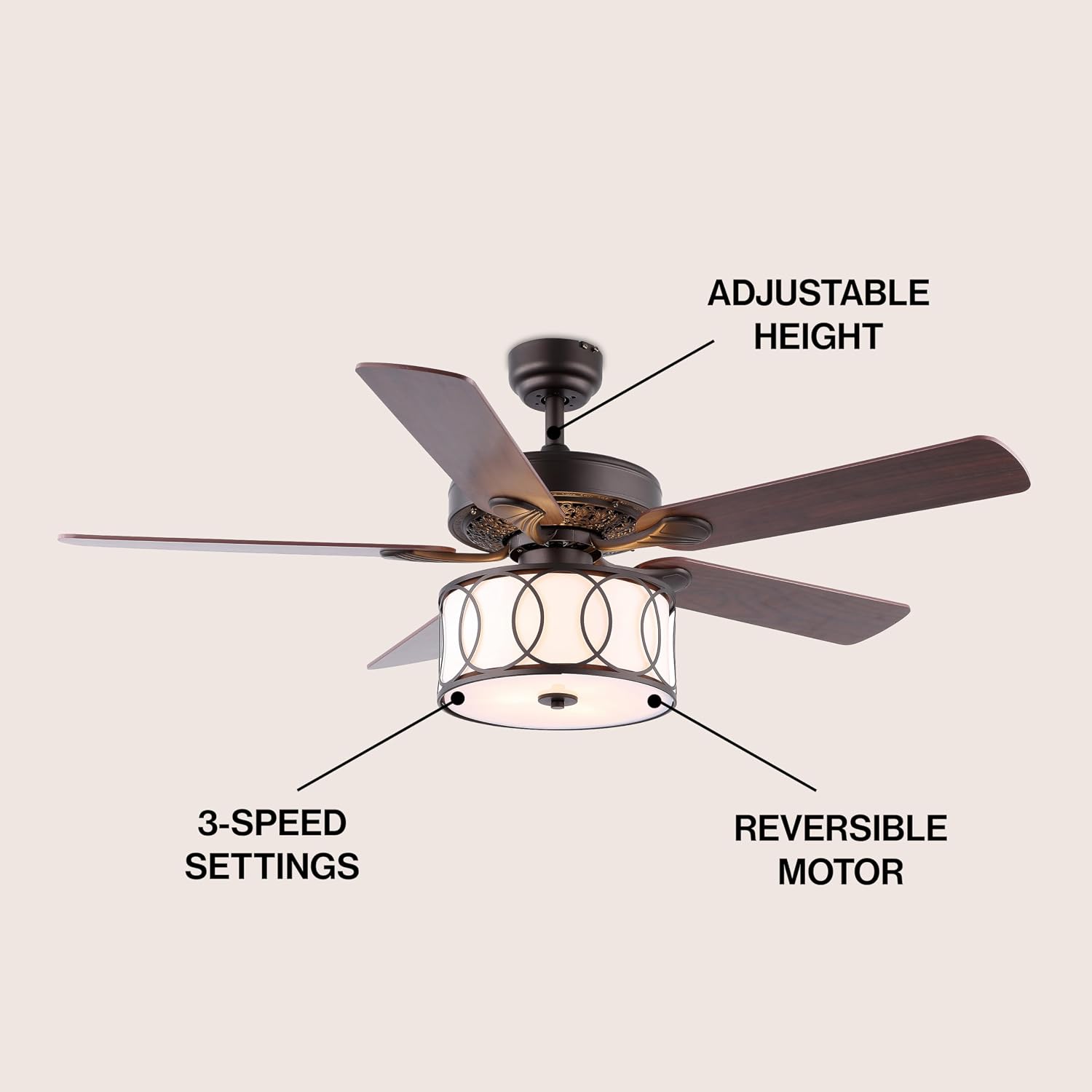 JONATHAN Y 52' Oil Rubbed Bronze/White Modern Glam LED Ceiling Fan with Remote, 3-Light Indoor Fan with 5 Reversible Blades, White Fabric Drum Shade for Living Room, Bedroom, ETL Listed (JYL9607B)