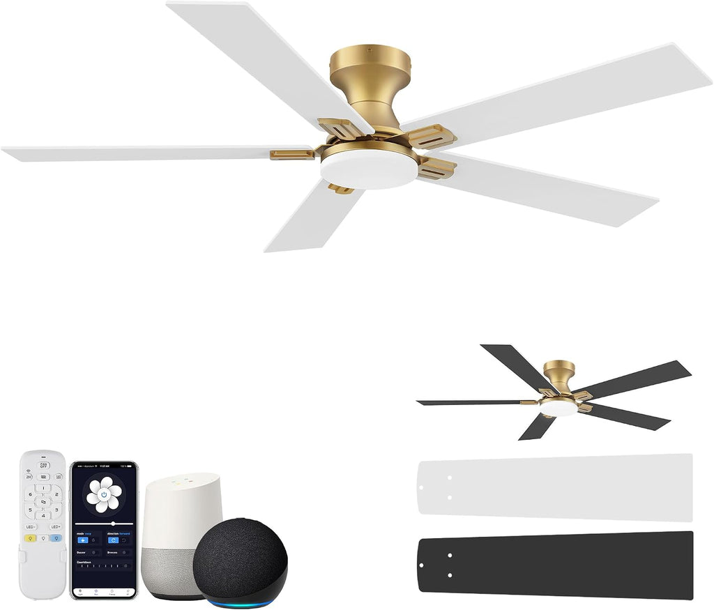 52 Inch Ceiling Fans with Lights,Smart Low Profile Ceiling Fan with Light and Remote Control,Modern Flush Mount Ceiling Fans for Bedroom,Patio,Porch,Outdoor Indoor Use,in Black White and Gold,Quiet