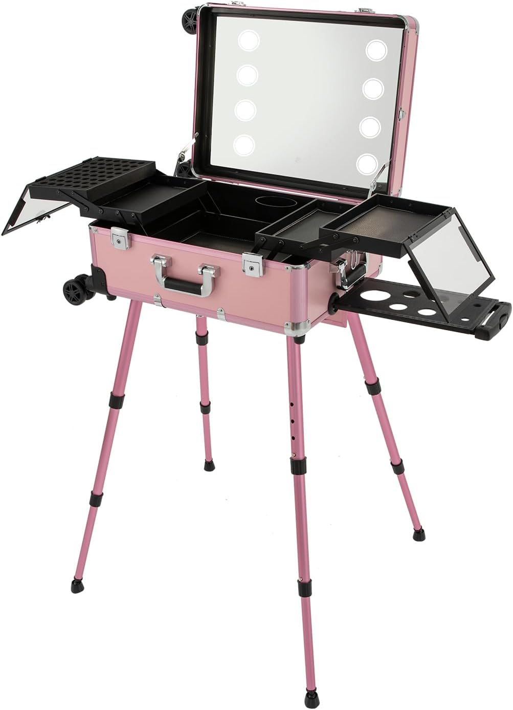 Aluminum Trolley Makeup Train Case with LED Light & Mirror,Professional Travel Cosmetic Organizer Box with Retractable Legs, Rolling Lighted Makeup Vanity Station for Salon Barber (Pink)