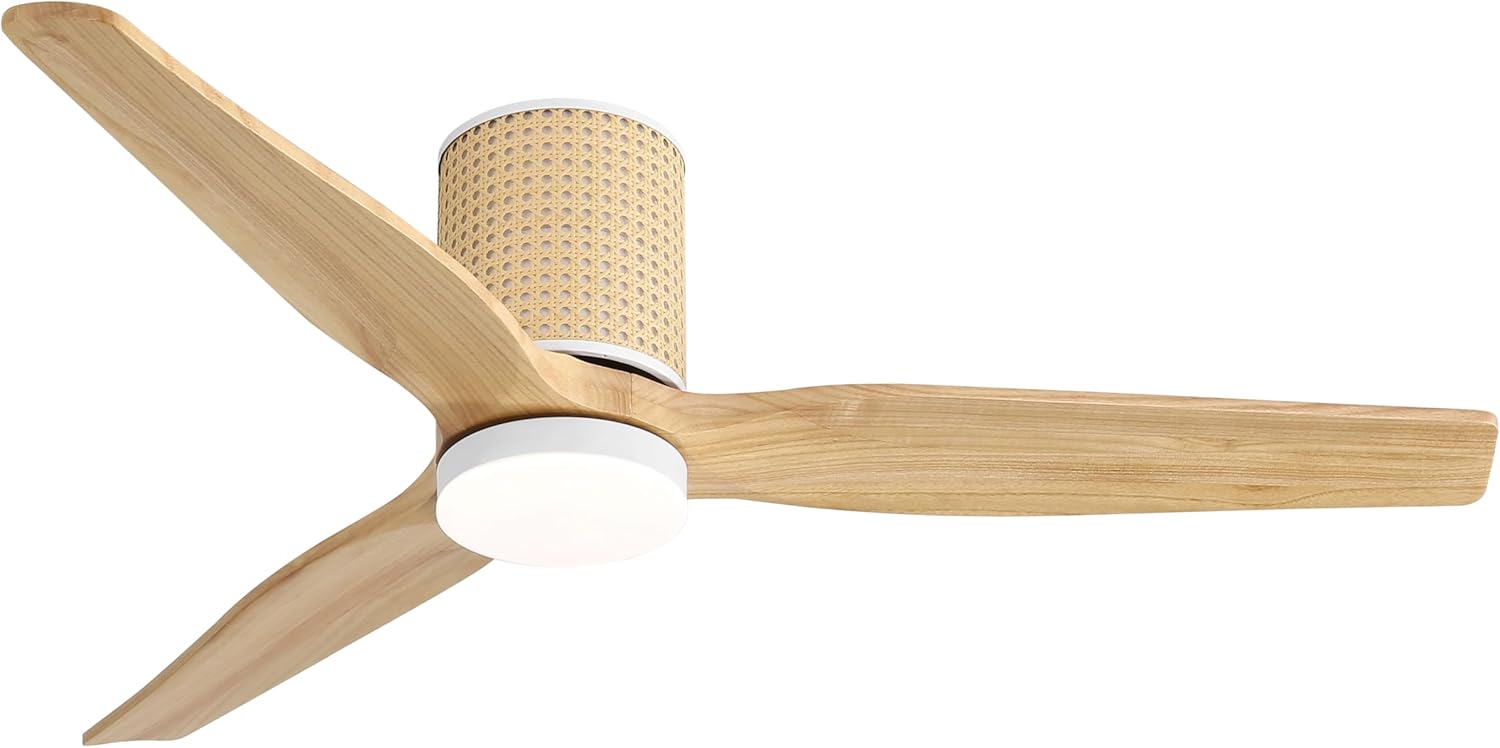 LEDLUX 52' Ceiling Fan with Light - Low Profile Flush Mount Ceiling Fan, 6-Speed Remote Control, Solid Wood, Quiet Reversible DC Motor, Wood/White Finish, for Bedroom, Living Room, Porch