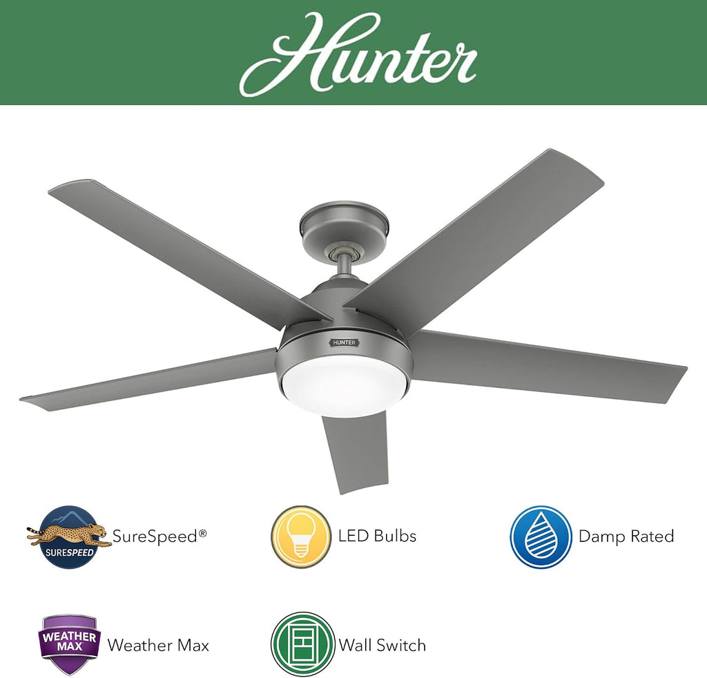 Hunter Fan 52 Inch Matte Silver Indoor/Outdoor Ceiling Fan with Lights for Farmhouse, Patio, Bedroom, Living Room, Office, Basement, Kitchen (Renewed), CC5C26C12