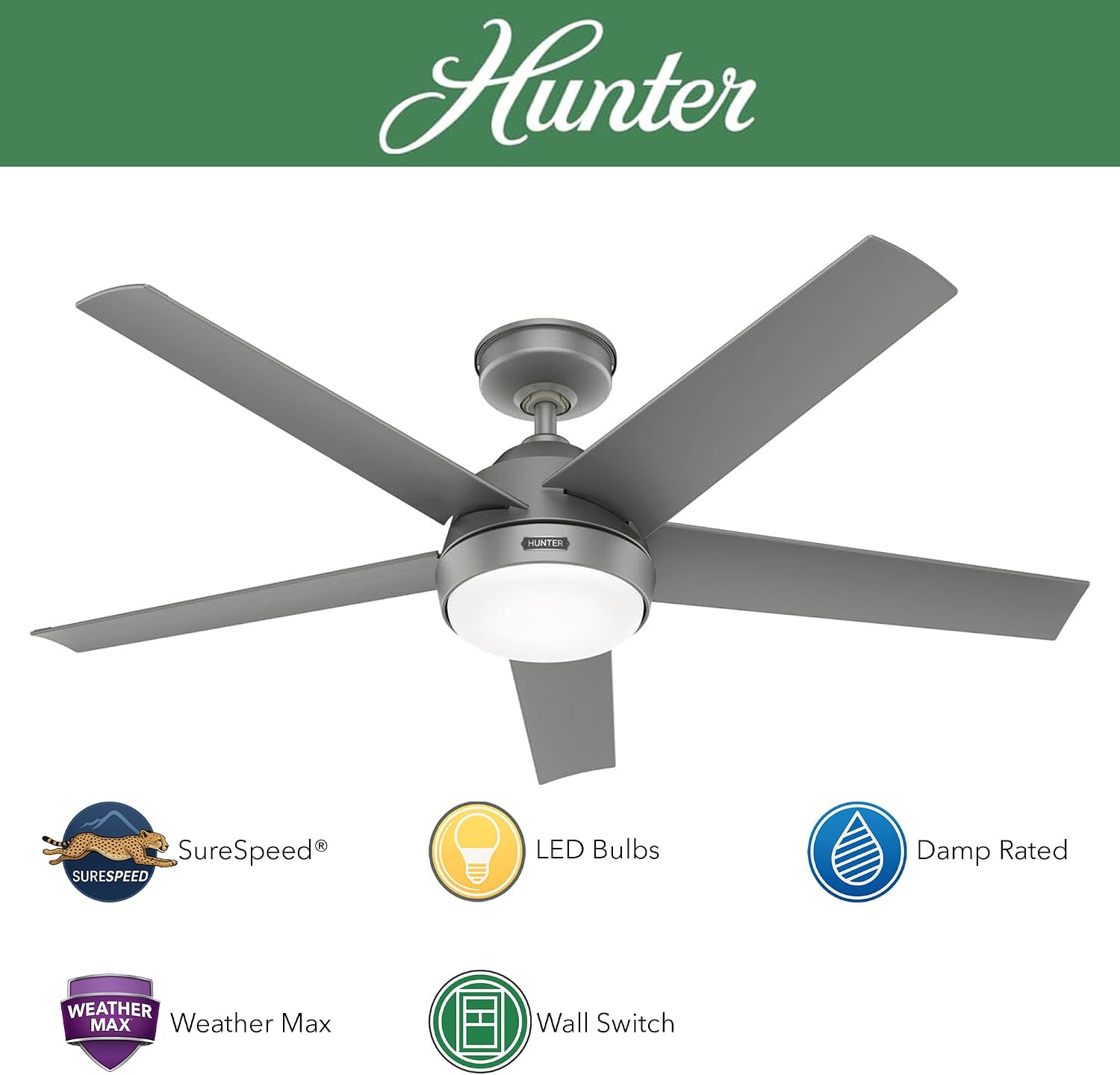 Hunter Fan 52 Inch Matte Silver Indoor/Outdoor Ceiling Fan with Lights for Farmhouse, Patio, Bedroom, Living Room, Office, Basement, Kitchen (Renewed), CC5C26C12