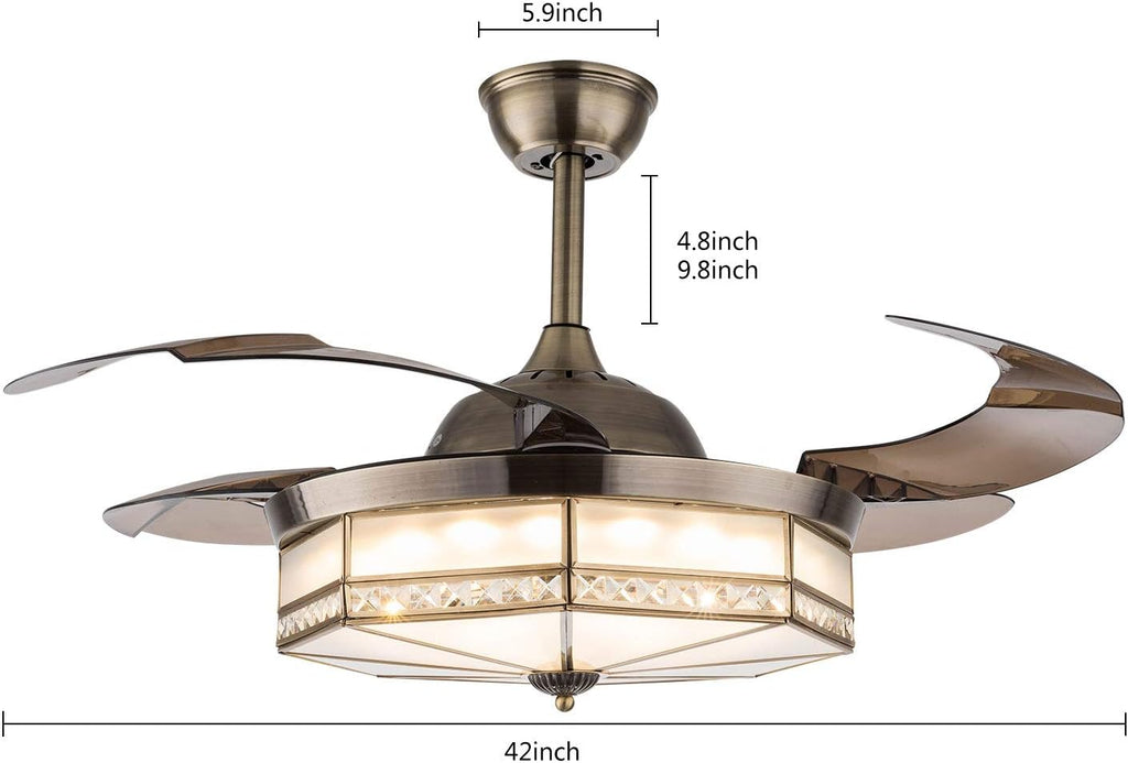 TFCFL 42' Vintage Retractable Ceiling Fan Light, Tiffany Style Chandelier Fan with Controller 3-Color Lighting 3-Speed for Bedroom Living Room (Bronze)