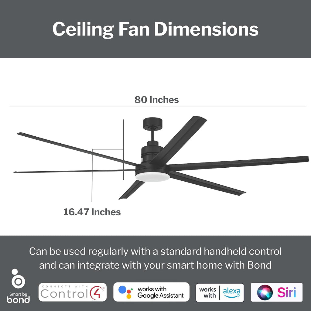 Craftmade MND80FB6 Mondo 80 Inch Smart by Bond Compatible Ceiling Fan | Integrated 20W LED Light Kit | 1136 Lumens | 6 Aluminum Blades | 6-Speed Reversible DC Motor | Damp Rated | Flat Black Finish