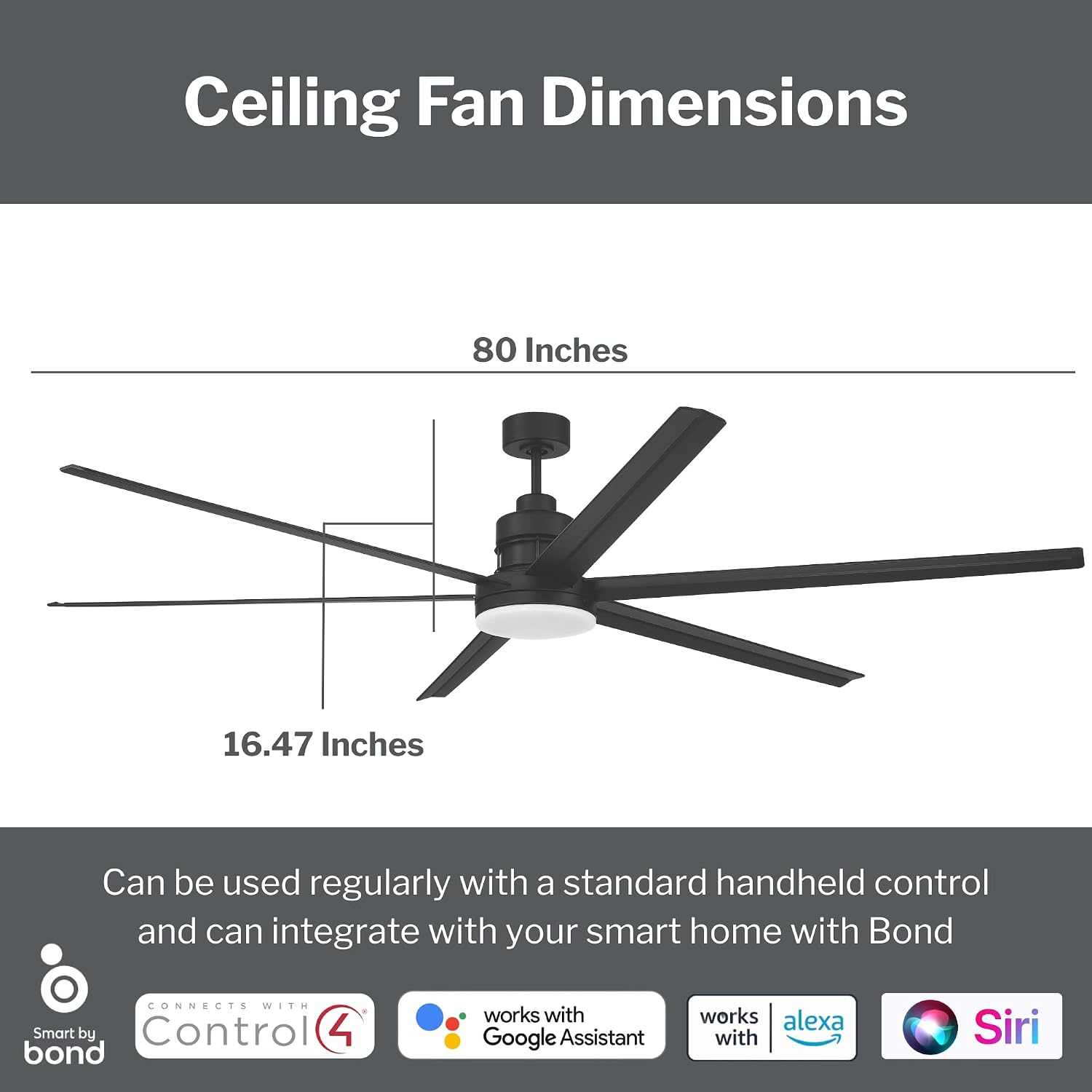 Craftmade MND80FB6 Mondo 80 Inch Smart by Bond Compatible Ceiling Fan | Integrated 20W LED Light Kit | 1136 Lumens | 6 Aluminum Blades | 6-Speed Reversible DC Motor | Damp Rated | Flat Black Finish