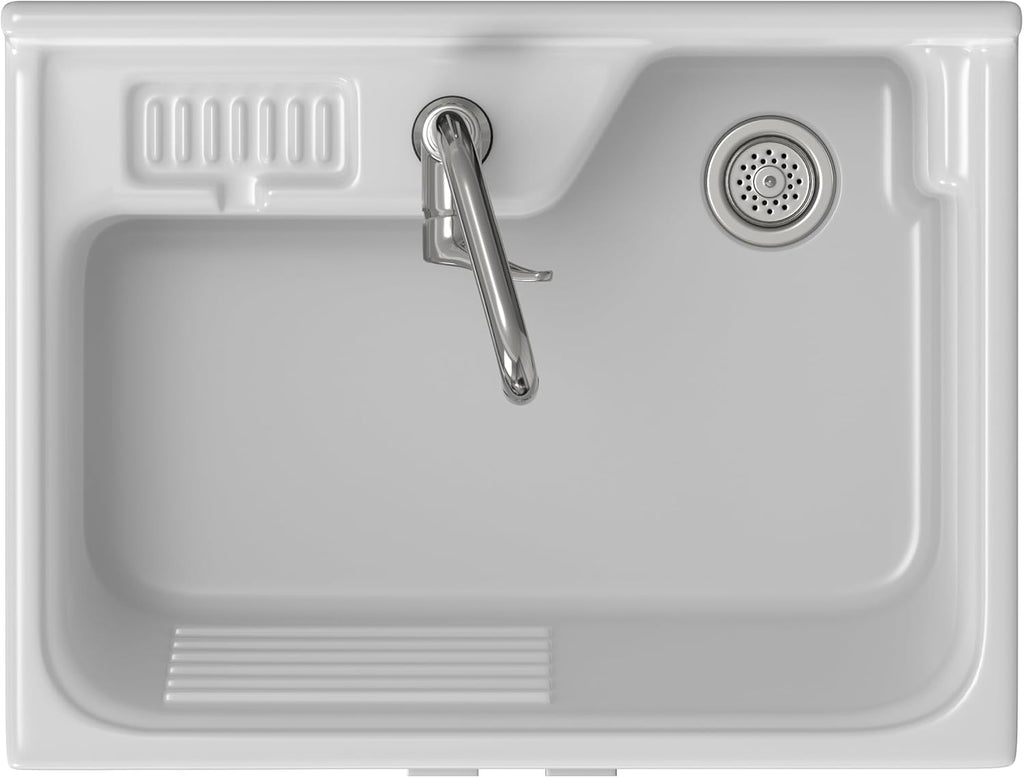 SIMPLIHOME Murphy All-in-One 28 inch Wide Utility Sink and Laundry Cabinet in Pure White Finish, Transitional ABS Sink Cabinet for Laundry Rooms with High-Arch Chrome Faucet and Pull-Out Spray