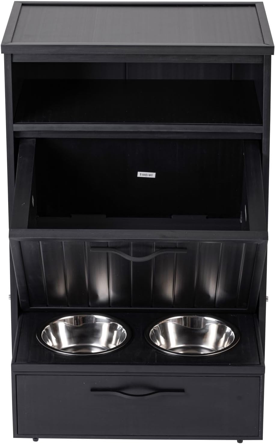 New Age Pet ECOFLEX Brea Dog Food Pantry in Black, Two 32 oz Bowls, Moisture Resistant, Easy Assembly, Holds 25 lbs