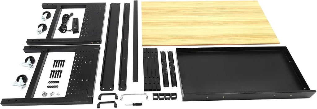 Adjustable Workbench with Power Outlets, 47' L X 24' W Hardwood Workbench Wood Work Station with Universal Wheels, Heavy-Duty Work Benches for Garage Party Shop Office