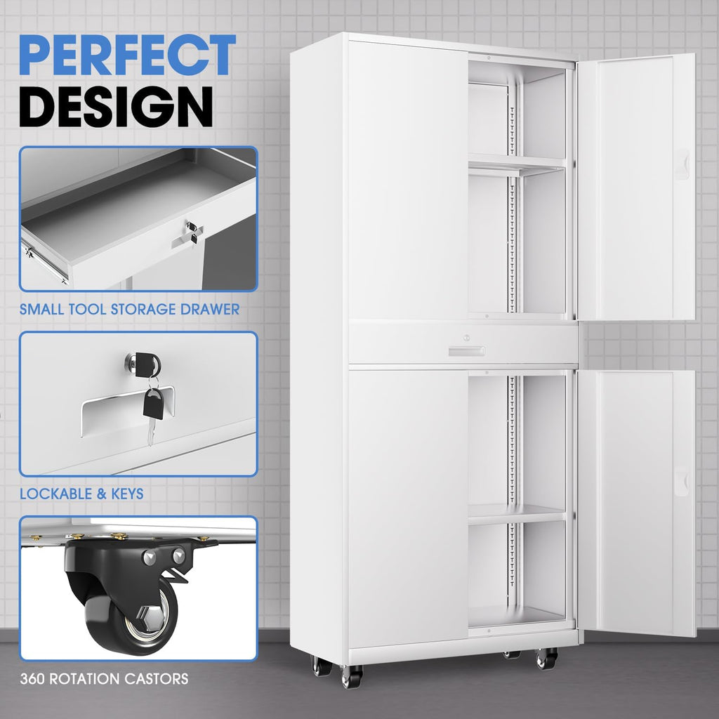 DNA Motoring Metal Storage Cabinet, 73'' Rolling Garage Cabinet with 1 Drawer and Adjustable Shelves, Lockable Cabinet Heavy Duty Utility Cabinet for Garage,Office,Home,Gym, White, TOOLS-00630-WH-WH