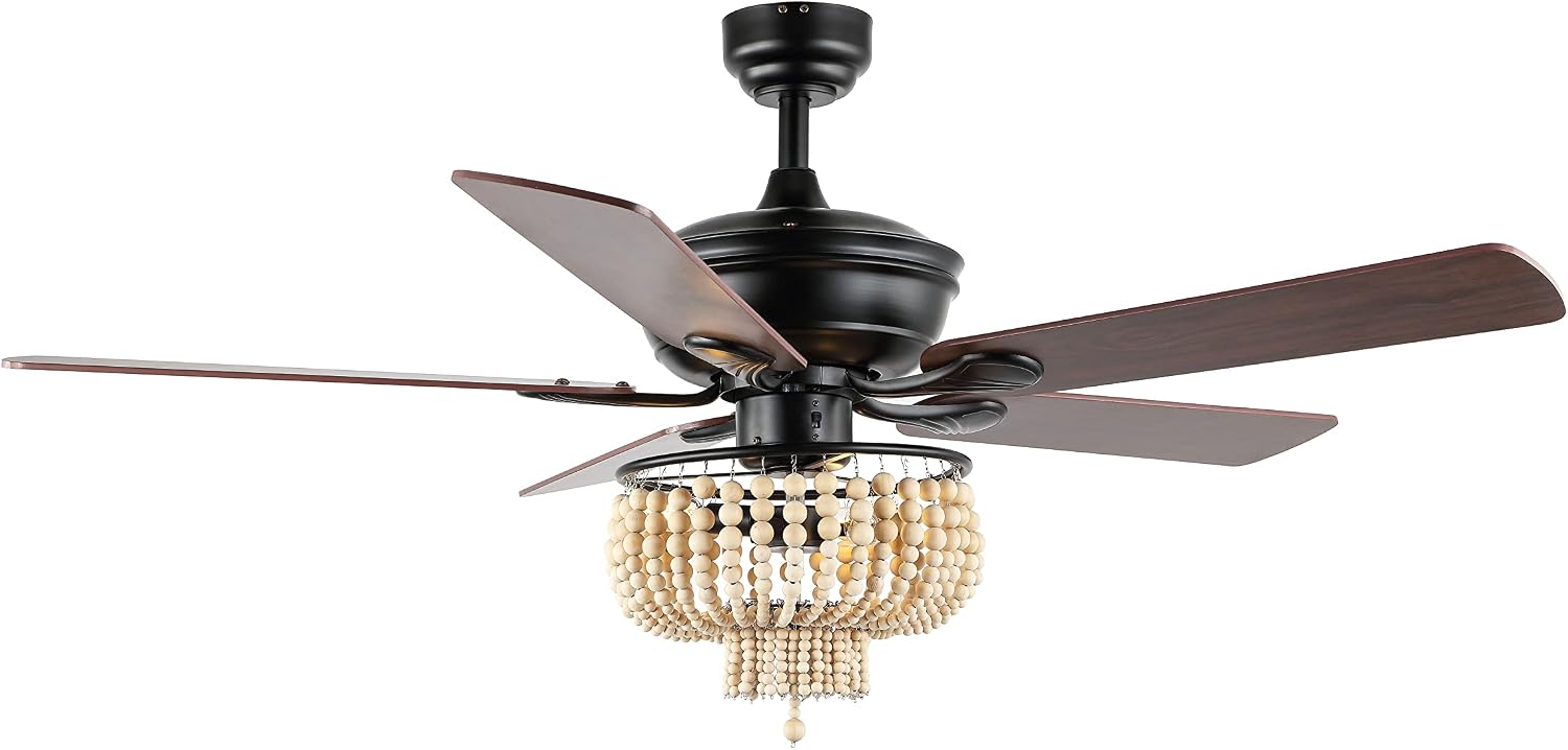JONATHAN Y 52' Black 3-Light Iron and Wood Bead LED Ceiling Fan, Farmhouse Rustic Bohemian Style with Remote Control and Reversible Blades, LED Bulbs Included JYL9617A