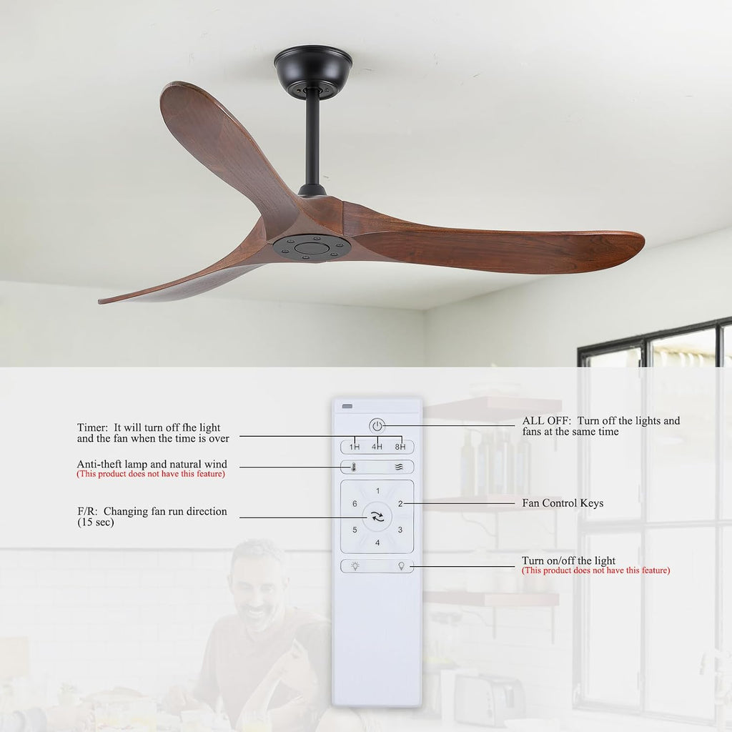 Walnut Wood 52' Ceiling Fan, No Light, 6-Speed, Reversible 3 Blades, Timed Shutdown, Silent DC Motor, for Bedroom, Porch and Living Room