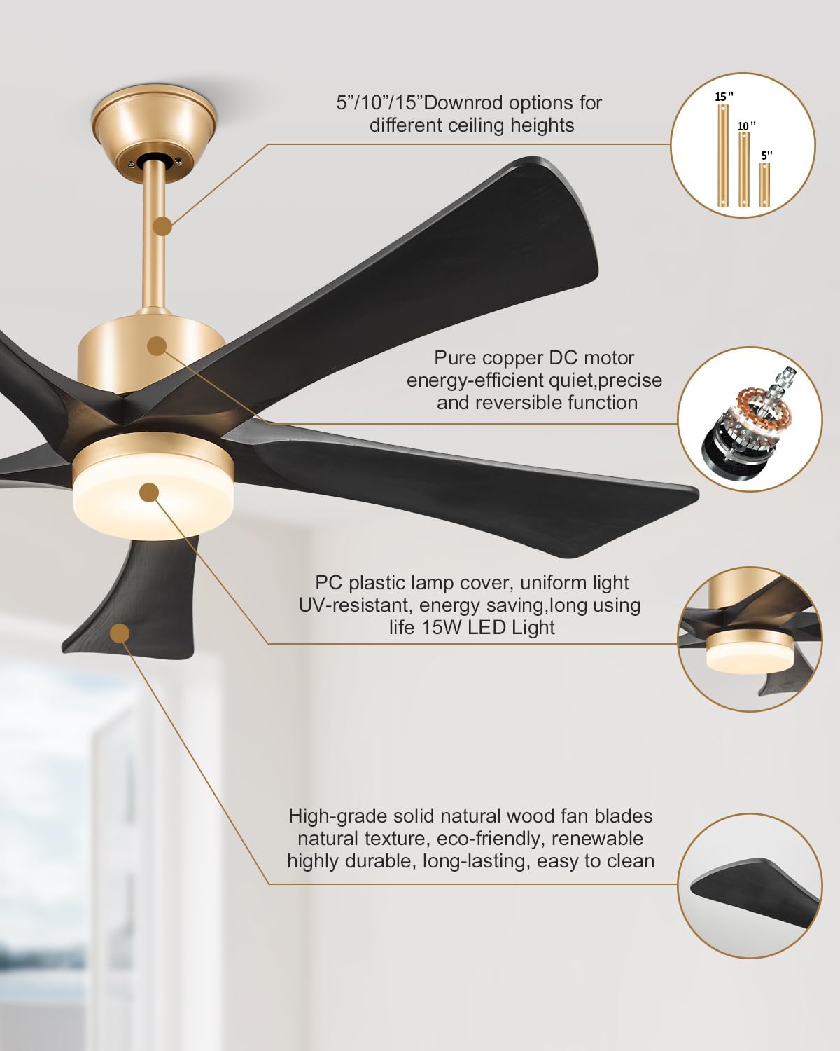 52' Black and Gold Ceiling Fan with Lights and Remote, Indoor/Outdoor Ceiling Fan for Patios, USA Original Patent, ETL Listed, 3 Downrod, 5 Blades, 6 Speeds Reversible DC Motor Fan, 52', Gold Black