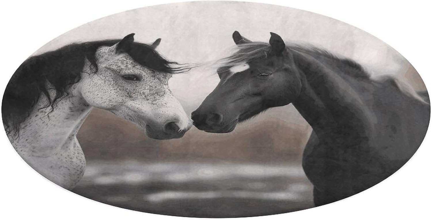 Black and White Horses Coral Velvet Round Floor Mat Non-Slip Bath Rug Floor Covering for Bathroom Vanity Guest Suite & Vacation Home