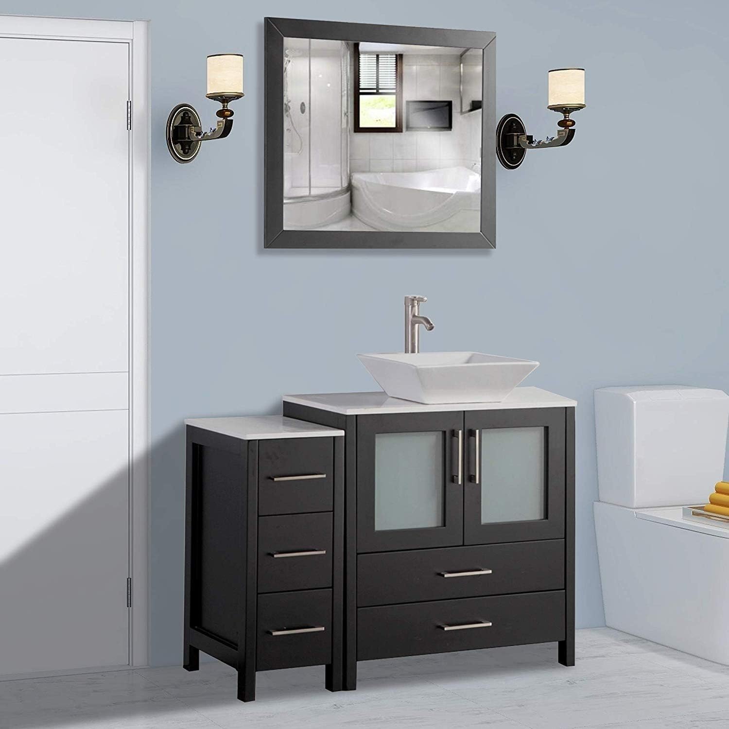 Vanity Art 42 Inch Vessel Single Sink Bathroom Vanity Cabinet with 1 Mirror, Engineered Marble Top Bathroom Cabinet Compact Set with 5 Dovetail Drawers and Soft Closing Doors, VA3130-42-G