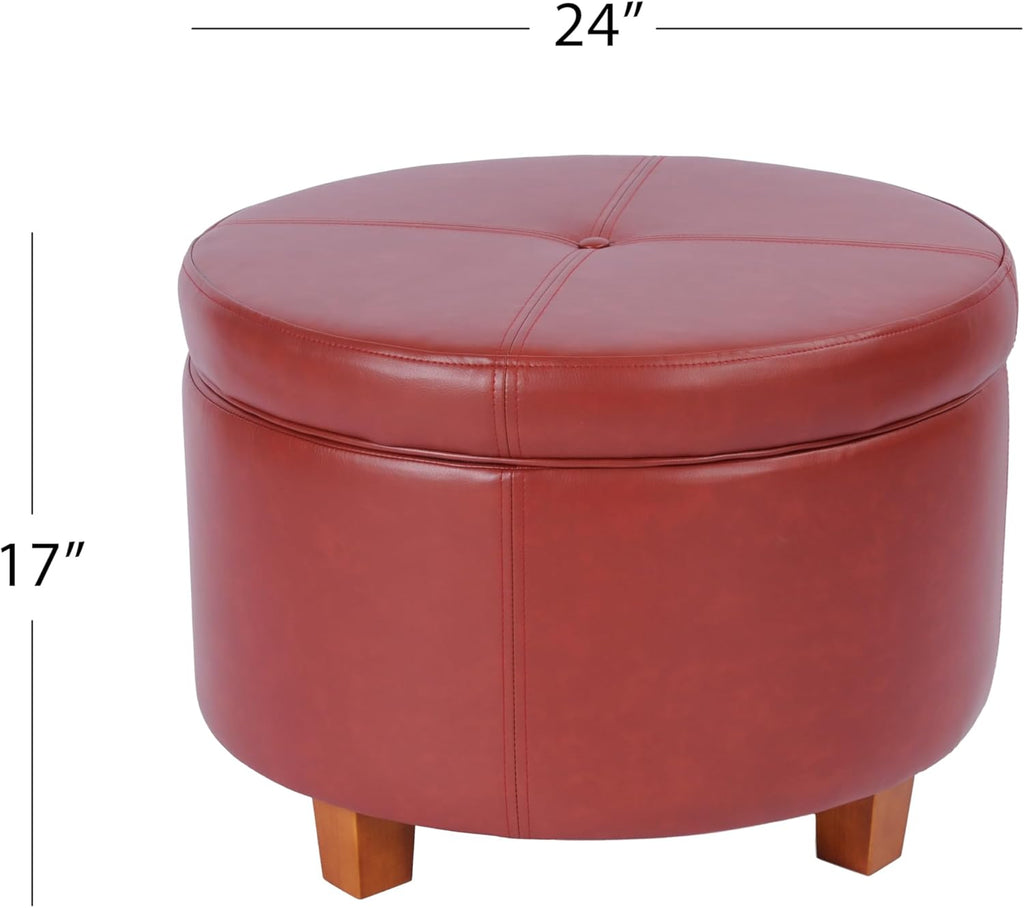 HomePop Round Leatherette Storage Ottoman with Lid, Cinnamon Red Large