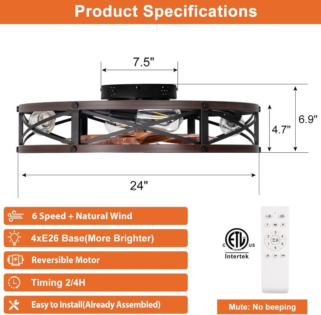 SHLUCE 24' Farmhouse Caged Flush Mount Ceiling Fan with Light, Rustic Low Profile Bladeless Ceiling Fans with Lights and Remote, Modern Large Ceiling Fan with Light for Bedroom, Kitchen, Brown - ETL
