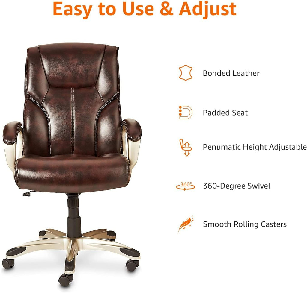 Amazon Basics Executive Home Office Desk Chair with Padded Armrests, Adjustable Height and Tilt, Rolling Swivel Chair, 275 Pound Capacity, Brown and Gold