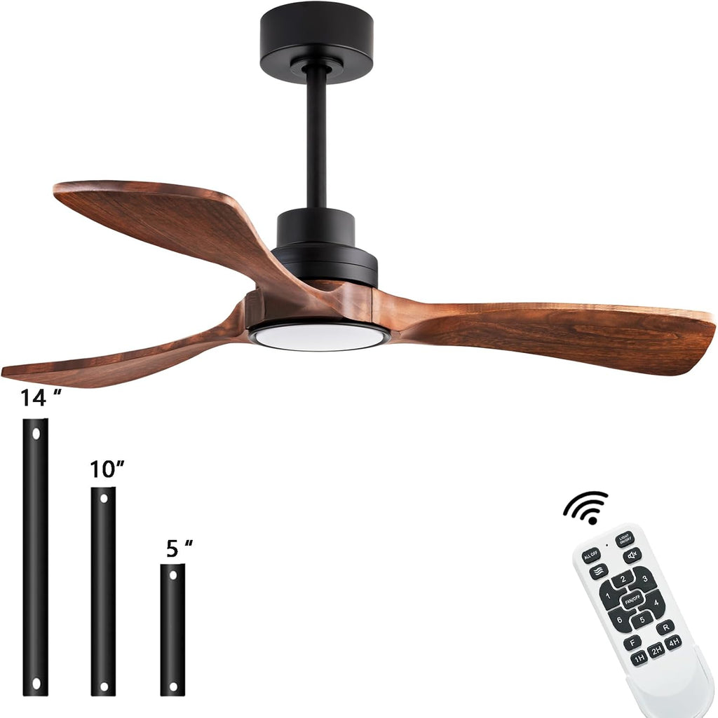42-inch Ceiling Fan Light with Remote Control, Featuring 3 Wooden Blades, Reversible DC Motor, Timer Function, and 6-Speed Adjustment Suitable for Offices and bedrooms. Black + Walnut Color.