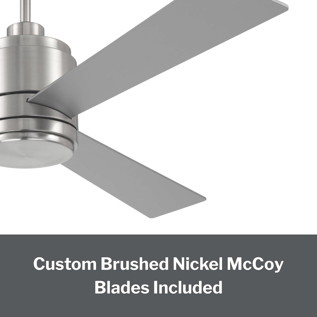 Craftmade McCoy 52' Indoor Ceiling Fan | 3-Blade Brushed Nickel | Integrated 18W Dimmable 3000K LED Light | Hardwired Wall Control, 4-Speed Reversible Motor | Rated for Indoors Only