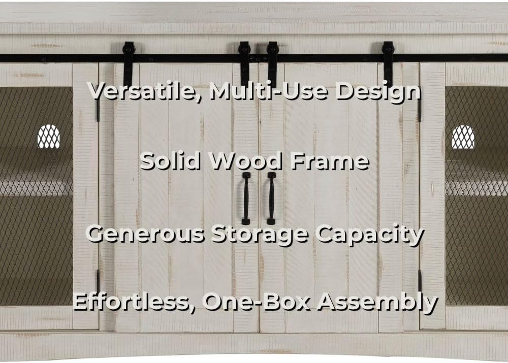 Martin Svensson Home 65' Solid Pine Wood Entertainment Center with Storage. Rustic TV Stand for TVs up to 70.' Sliding Doors, Adjustable Shelves & Cable Management – White Finish