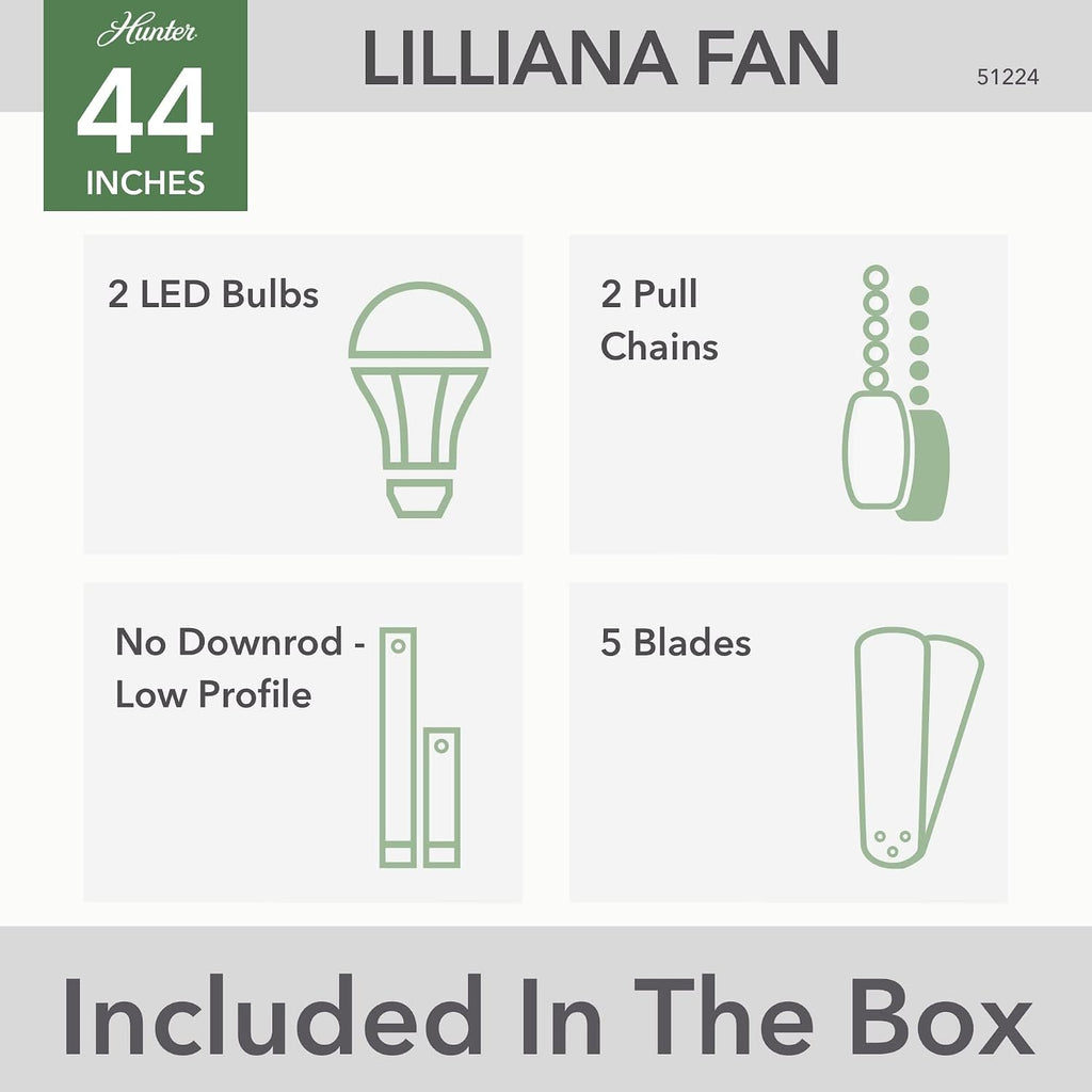 Hunter 44 inch Indoor Ceiling Fan with LED Light - White Ceiling Fan with Pull Chain, For Bedroom, Living Room, or Kitchen, Low Profile Mount, No Remote, 5 Blades - Lilliana 51224, Fresh White