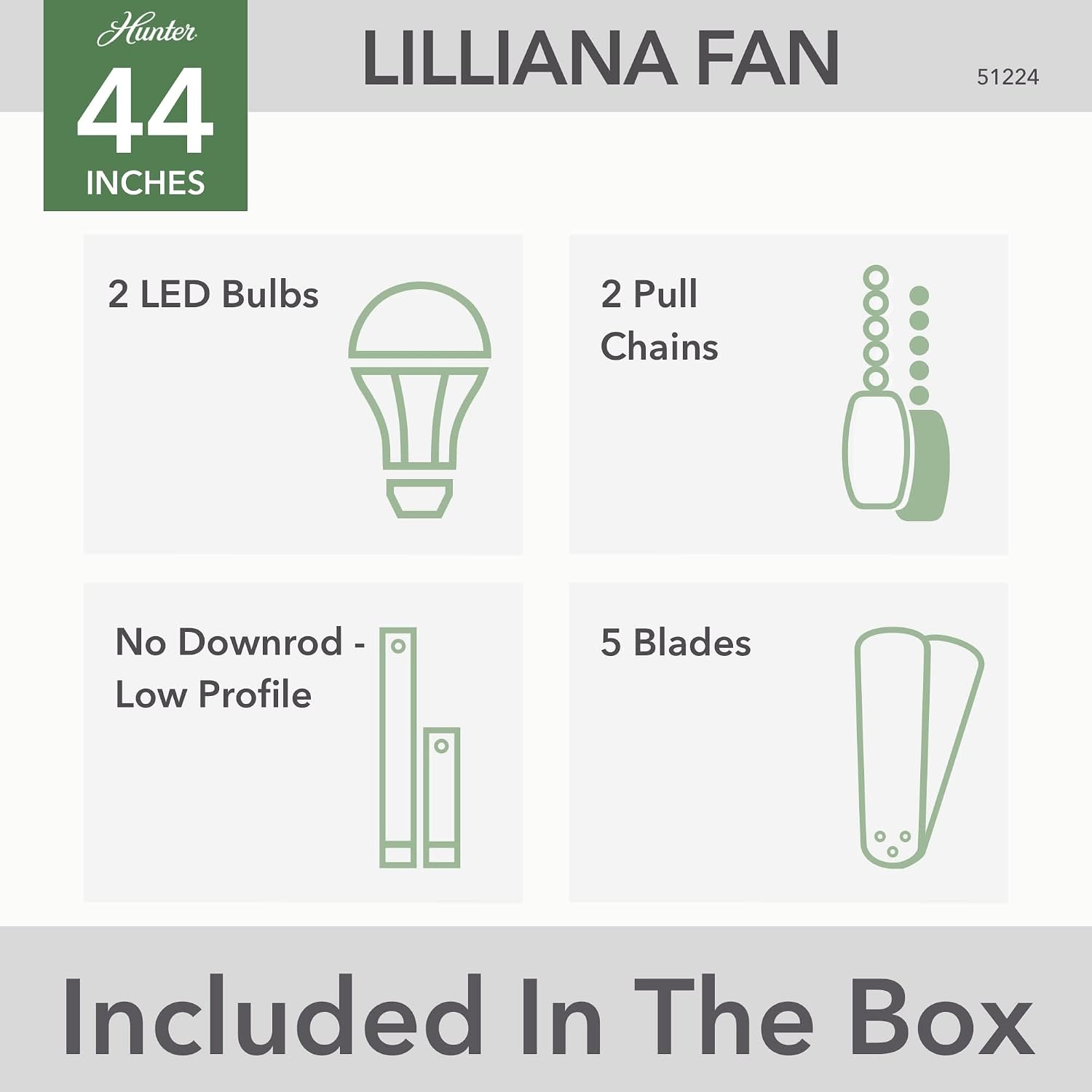 Hunter 44 inch Indoor Ceiling Fan with LED Light - White Ceiling Fan with Pull Chain, For Bedroom, Living Room, or Kitchen, Low Profile Mount, No Remote, 5 Blades - Lilliana 51224, Fresh White