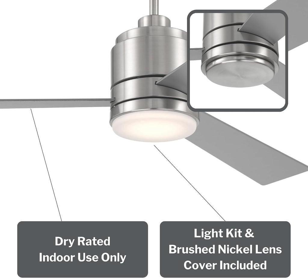 Craftmade McCoy 52' Indoor Ceiling Fan | 3-Blade Brushed Nickel | Integrated 18W Dimmable 3000K LED Light | Hardwired Wall Control, 4-Speed Reversible Motor | Rated for Indoors Only