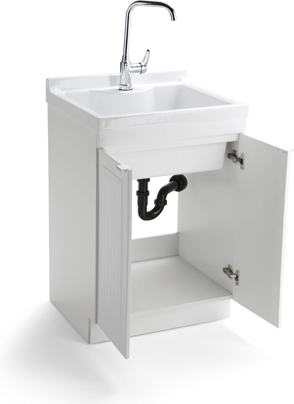 SIMPLIHOME Murphy All-in-One 24 inch Wide Utility Sink and Laundry Cabinet in Pure White Finish, Transitional ABS Sink Cabinet for Laundry Rooms with High-Arch Chrome Faucet and Pull-Out Spray
