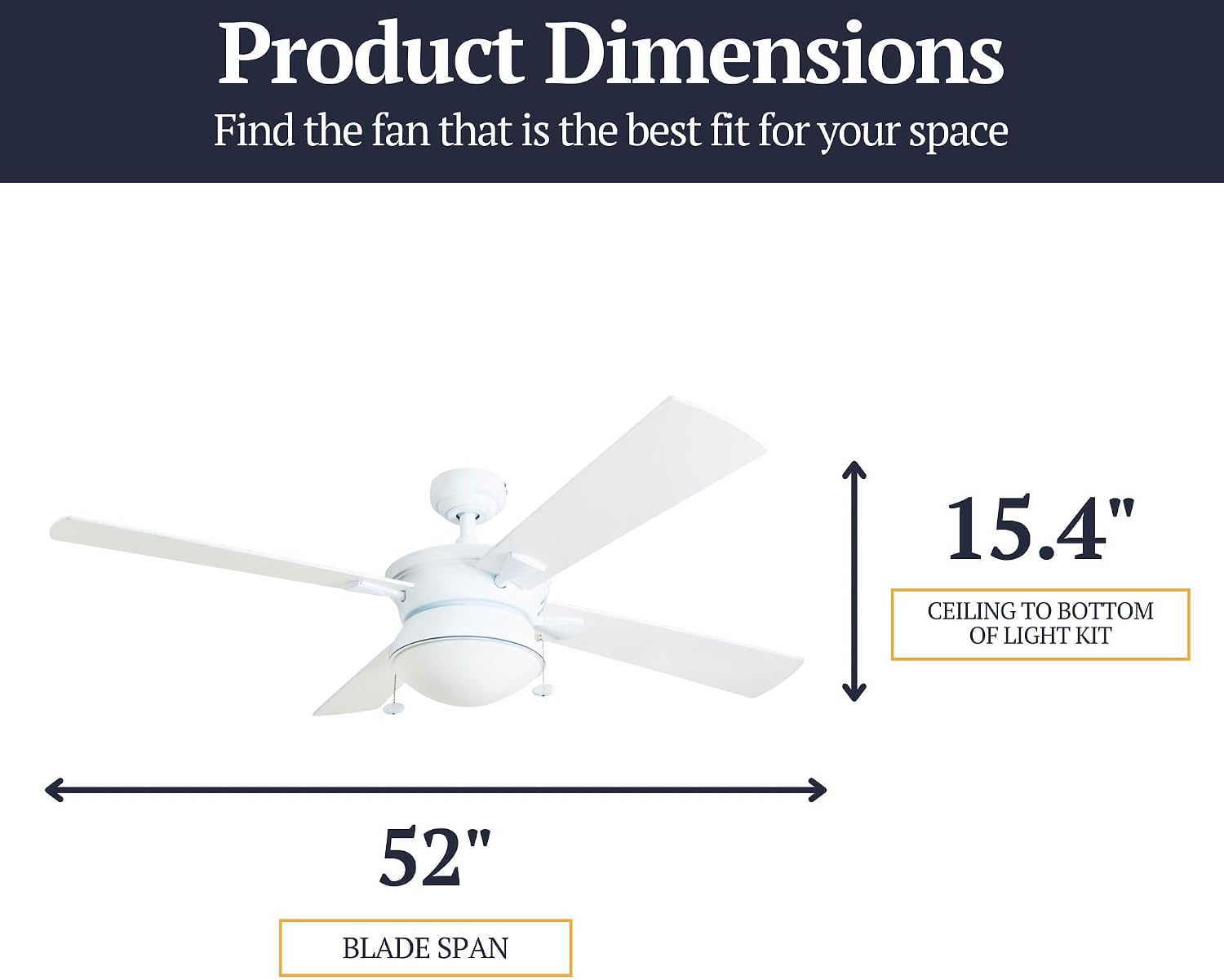 Prominence Home Auletta, 52 Inch Contemporary Indoor Outdoor Ceiling Fan with Light, Pull Chain, Dual Mounting Options, Dual Finish Blades, Reversible Motor - 50344-01 (White)