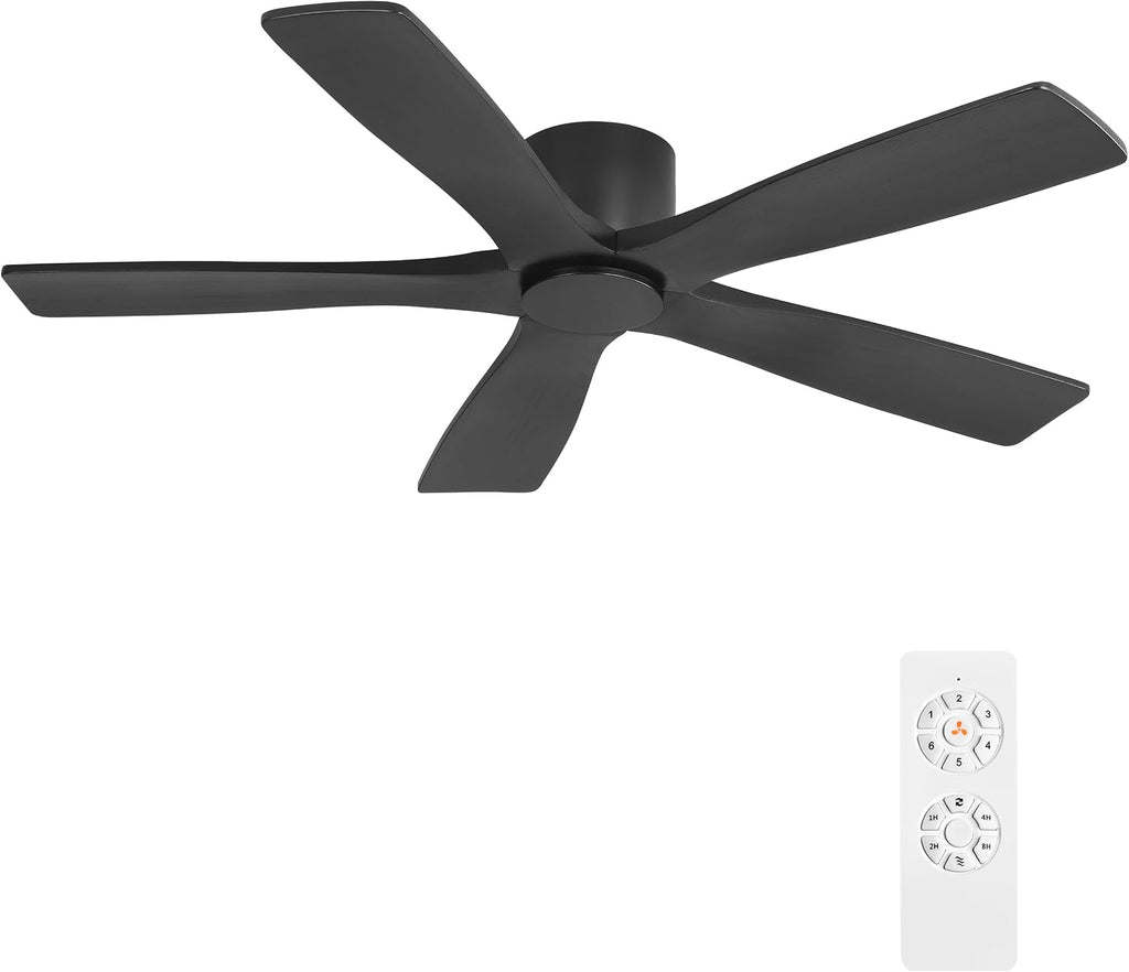 WINGBO 54' Flush Mount DC Ceiling Fans Without Lights, 5 Carved Solid Wood Blades, 6-Speed Reversible DC Motor, Low Profile Hugger Ceiling Fan No Lights for Living Room Bedroom Patio, Matte Black