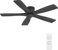 WINGBO 54' Flush Mount DC Ceiling Fans Without Lights, 5 Carved Solid Wood Blades, 6-Speed Reversible DC Motor, Low Profile Hugger Ceiling Fan No Lights for Living Room Bedroom Patio, Matte Black