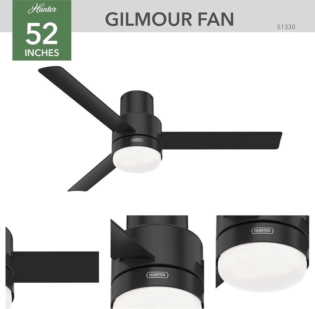 Hunter Fan Company, 51330, 52 inch Gilmour Matte Black Low Profile Damp Rated Ceiling Fan with LED Light Kit and Handheld Remote