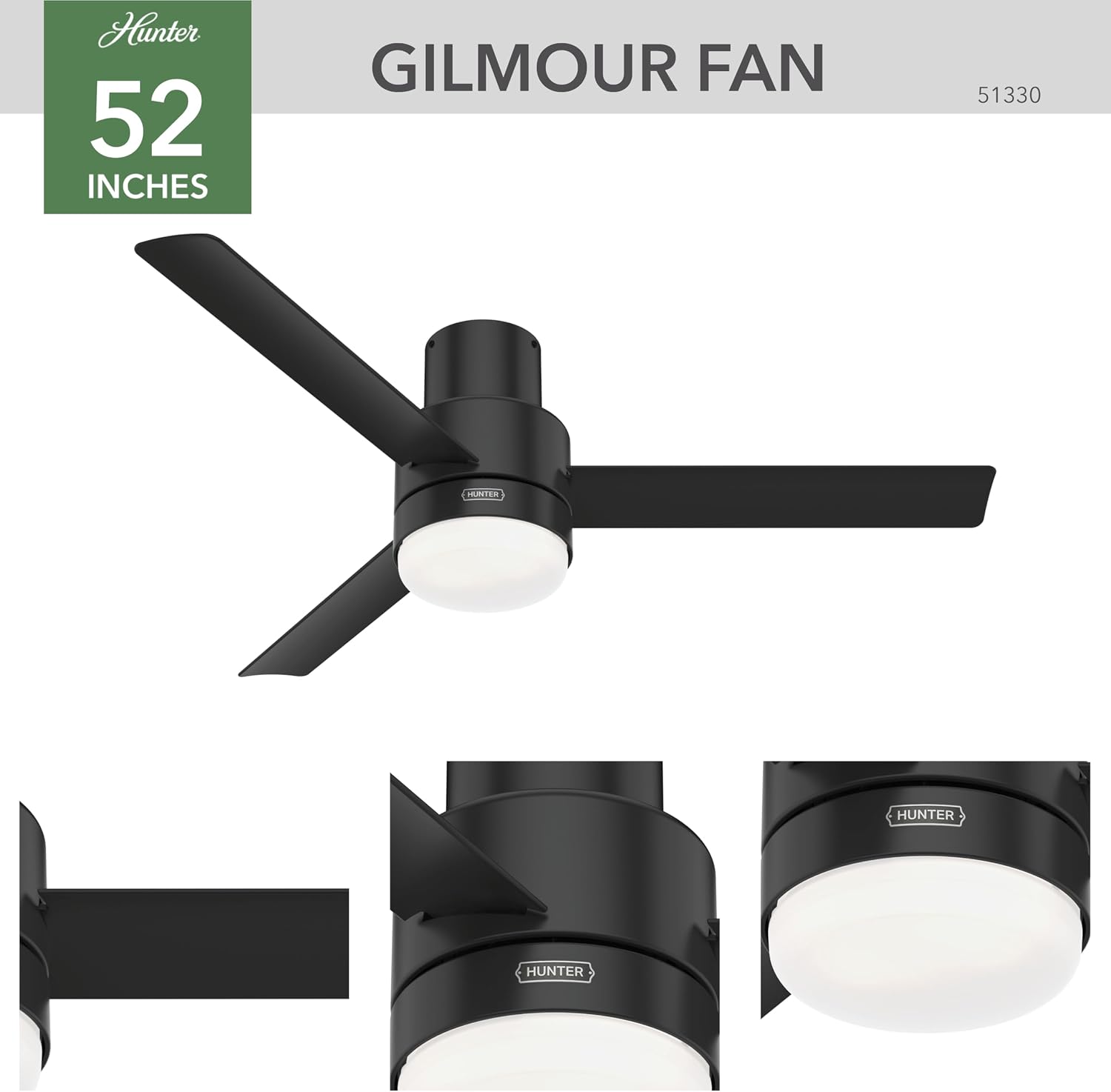Hunter Fan Company, 51330, 52 inch Gilmour Matte Black Low Profile Damp Rated Ceiling Fan with LED Light Kit and Handheld Remote