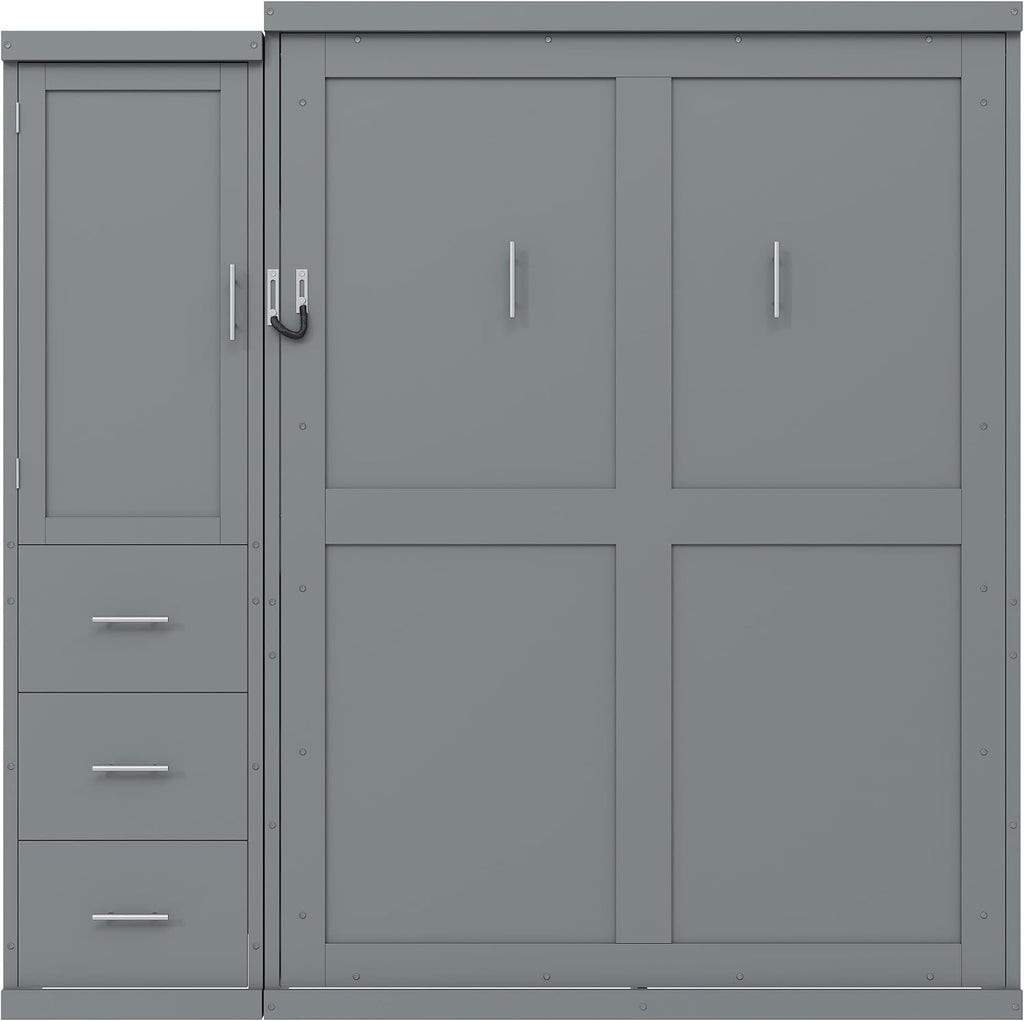 SOFTSEA Full Size Murphy Bed with Wardrobe and Drawers, Solid Wood Wall Bed Frame with Storage, Can be Folded into a Cabinet, No Box Spring Needed, Grey