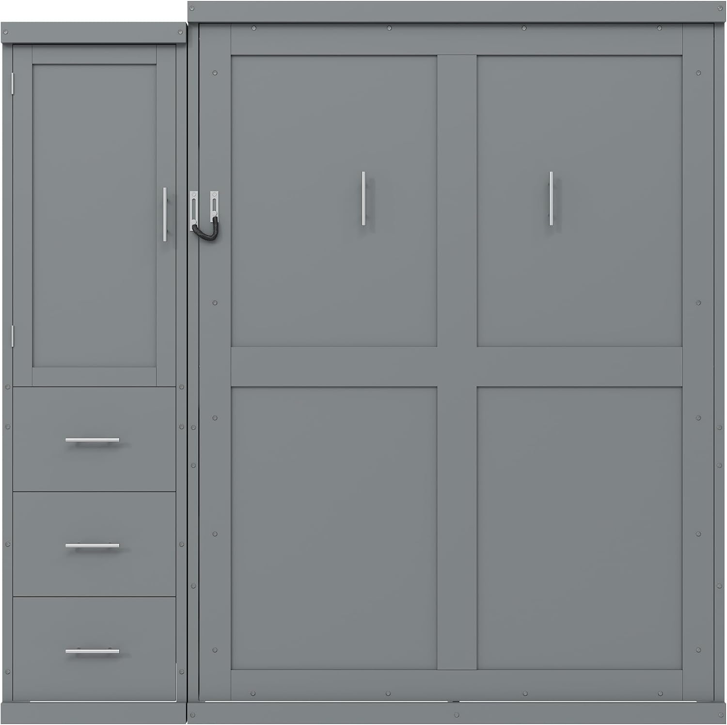 SOFTSEA Full Size Murphy Bed with Wardrobe and Drawers, Solid Wood Wall Bed Frame with Storage, Can be Folded into a Cabinet, No Box Spring Needed, Grey