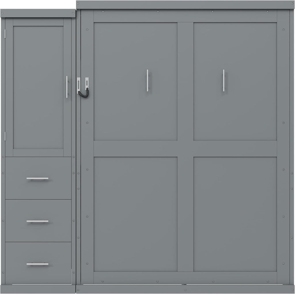 SOFTSEA Full Size Murphy Bed with Wardrobe and Storage Drawers, Farmhouse Wood Hidden Wall Bed Frame, Can be Folded into a Cabinet, No Box Spring Needed, Grey