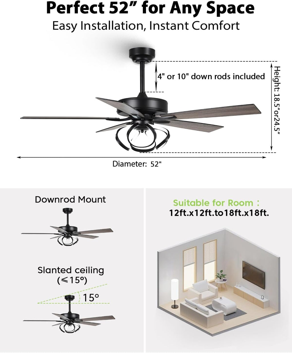 52 Inch Ceiling Fans with Lights, Creative Modern Black Ceiling Fan and Remote, Dimmable, 6 Speeds, Quiet, Dual-Sided Reversible 5 Blades Indoor Outdoor Chandelier Fan for Bedroom Living Room
