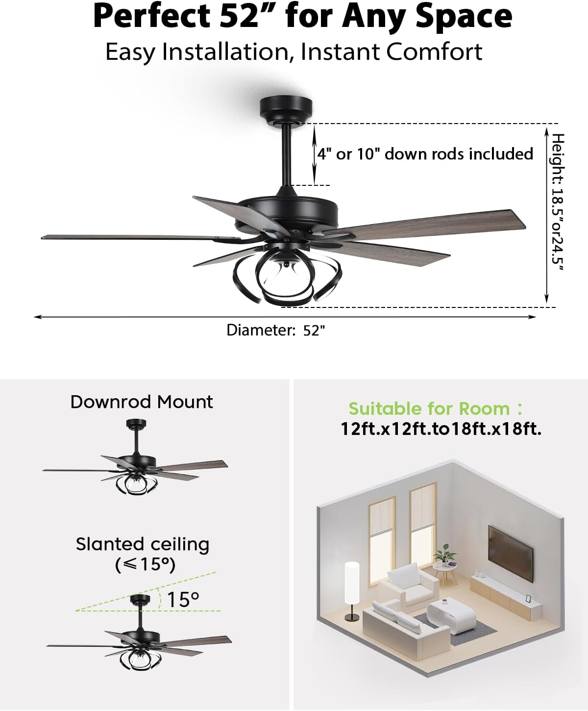 52 Inch Ceiling Fans with Lights, Creative Modern Black Ceiling Fan and Remote, Dimmable, 6 Speeds, Quiet, Dual-Sided Reversible 5 Blades Indoor Outdoor Chandelier Fan for Bedroom Living Room