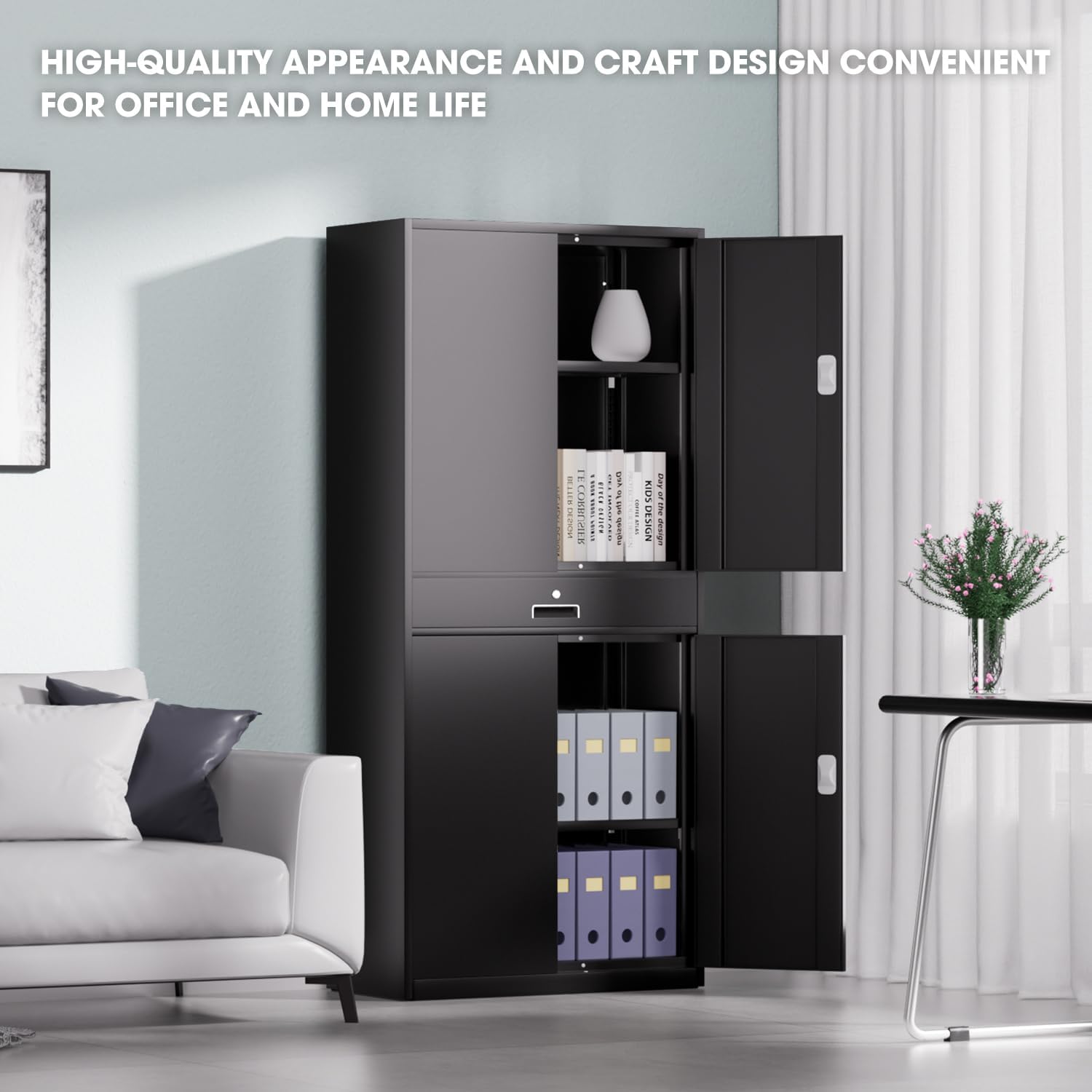 DNA Motoring 71'' Metal Storage Cabinet, Locking Tool Cabinet with 1 Drawer and Adjustable Shelves, Lockable Heavy Duty Metal Locker for Garage,Office,Home,Gym, Black, TOOLS-00629-BK-BK-A